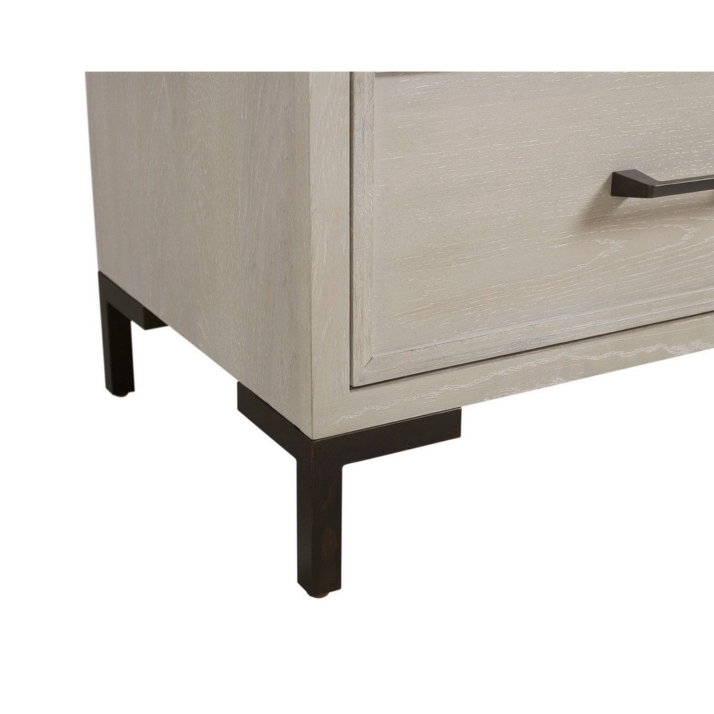 Benjara Bedy Nightstand, Drawer n Cubby, Black Metal, Antique White Oak Wood