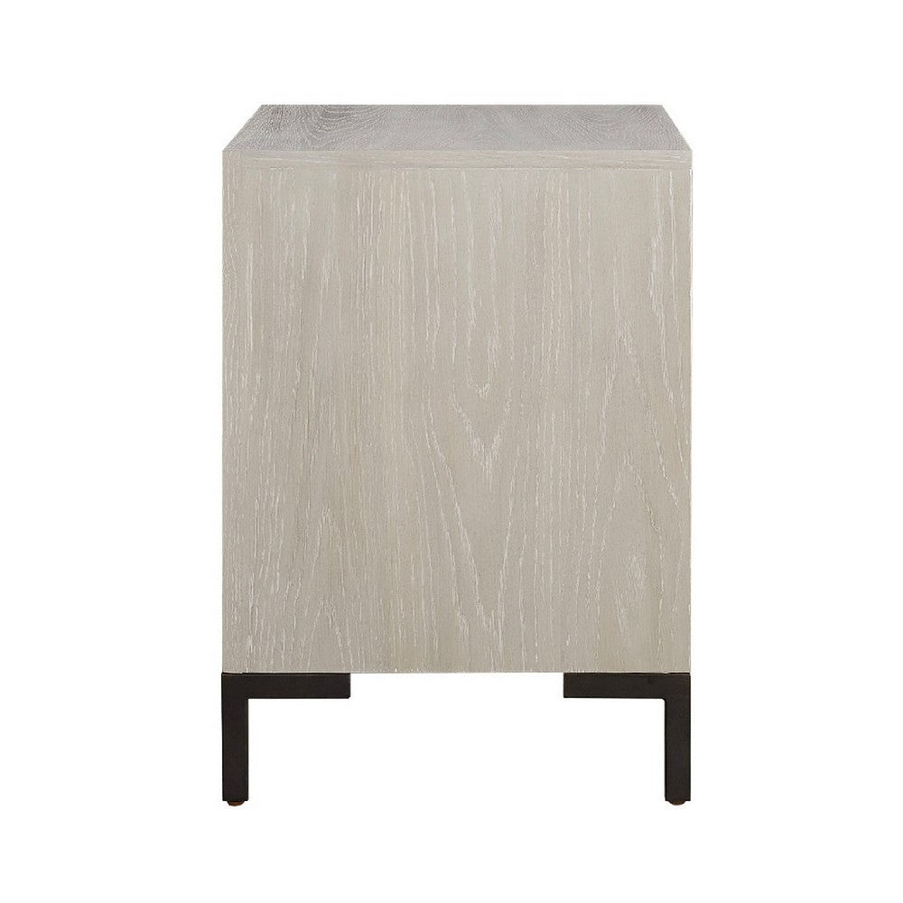 Benjara Bedy Nightstand, Drawer n Cubby, Black Metal, Antique White Oak Wood