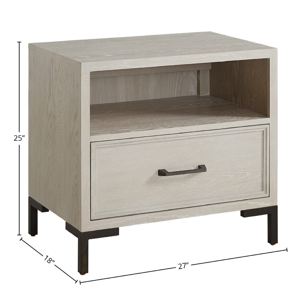 Benjara Bedy Nightstand, Drawer n Cubby, Black Metal, Antique White Oak Wood