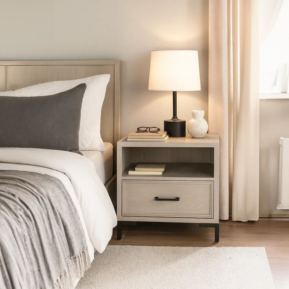 Benjara Bedy Nightstand, Drawer n Cubby, Black Metal, Antique White Oak Wood