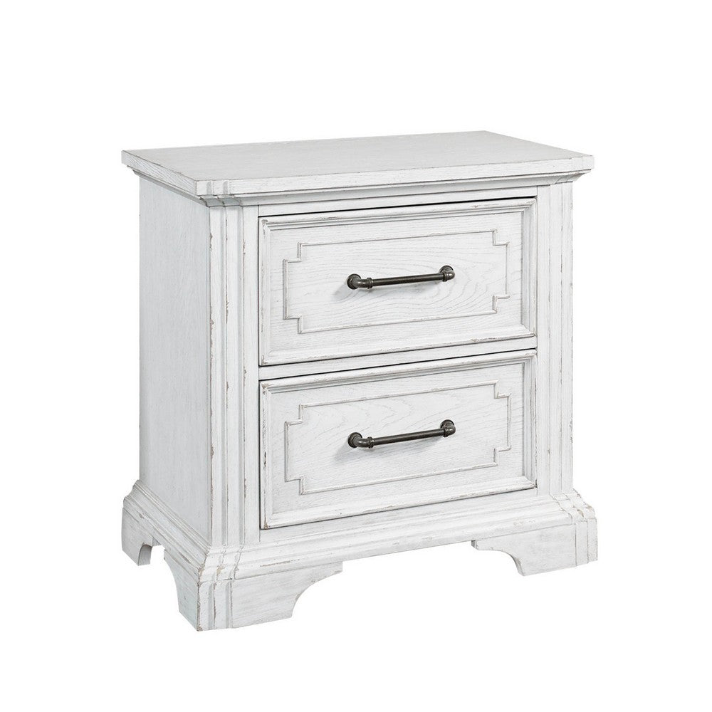 Benjara Lesy Nightstand, 2 Drawers, Black Metal, Vintage White Poplar Wood