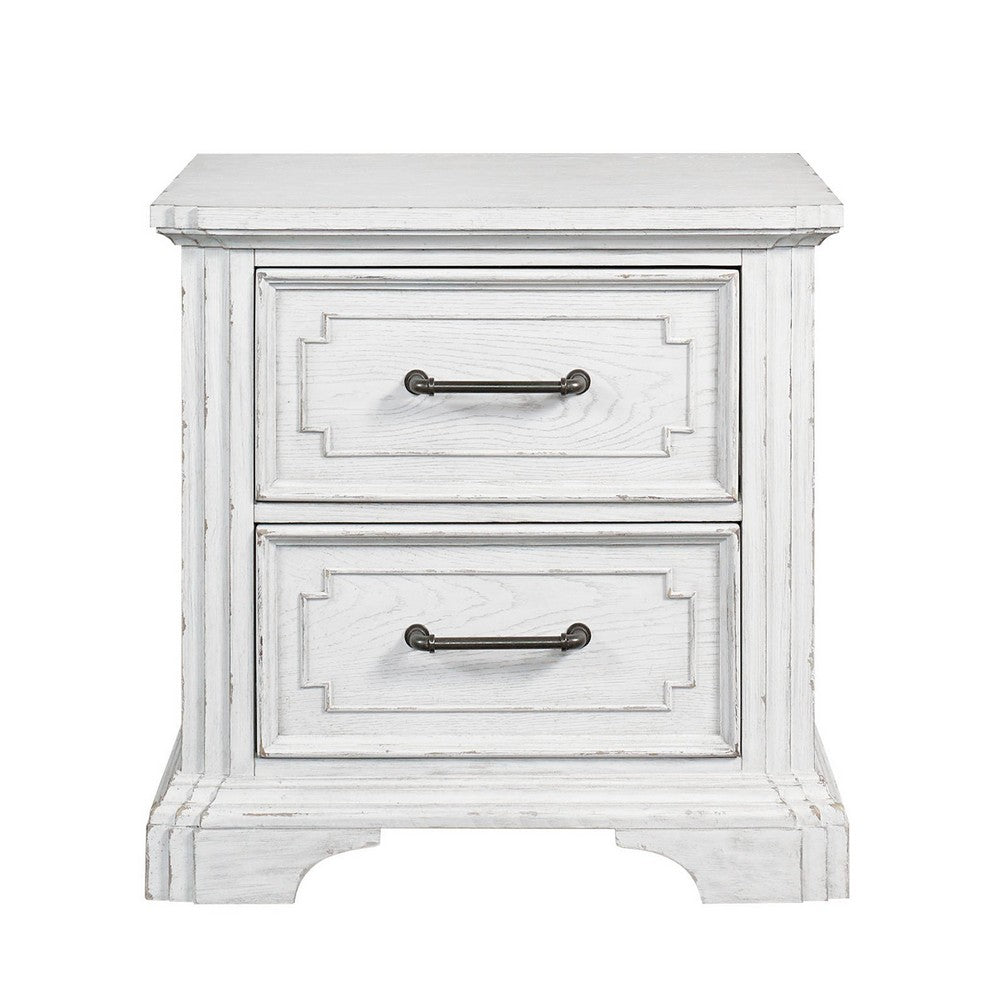 Benjara Lesy Nightstand, 2 Drawers, Black Metal, Vintage White Poplar Wood
