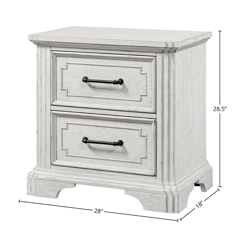 Benjara Lesy Nightstand, 2 Drawers, Black Metal, Vintage White Poplar Wood