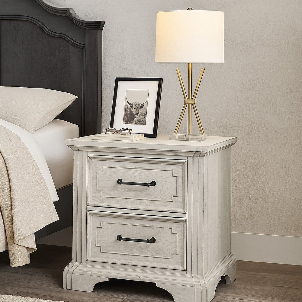 Benjara Lesy Nightstand, 2 Drawers, Black Metal, Vintage White Poplar Wood