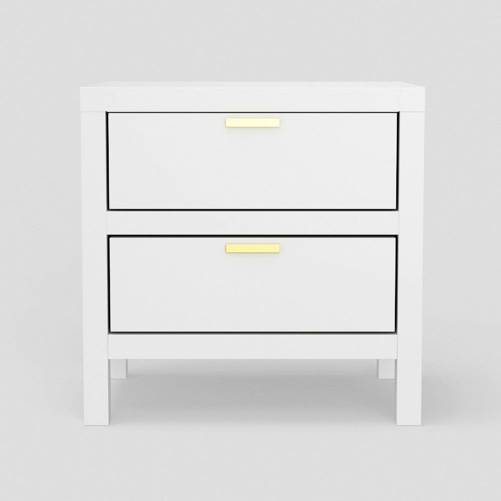 Benjara Fery Nightstand, 2 Drawers, Gold Metal Handles, White Solid Pine Wood