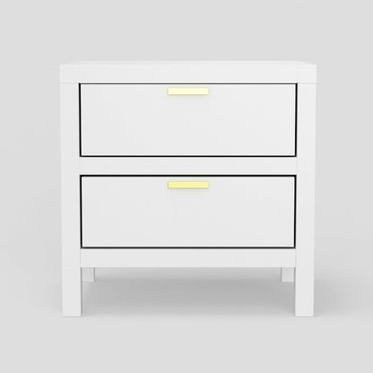 Benjara Fery Nightstand, 2 Drawers, Gold Metal Handles, White Solid Pine Wood