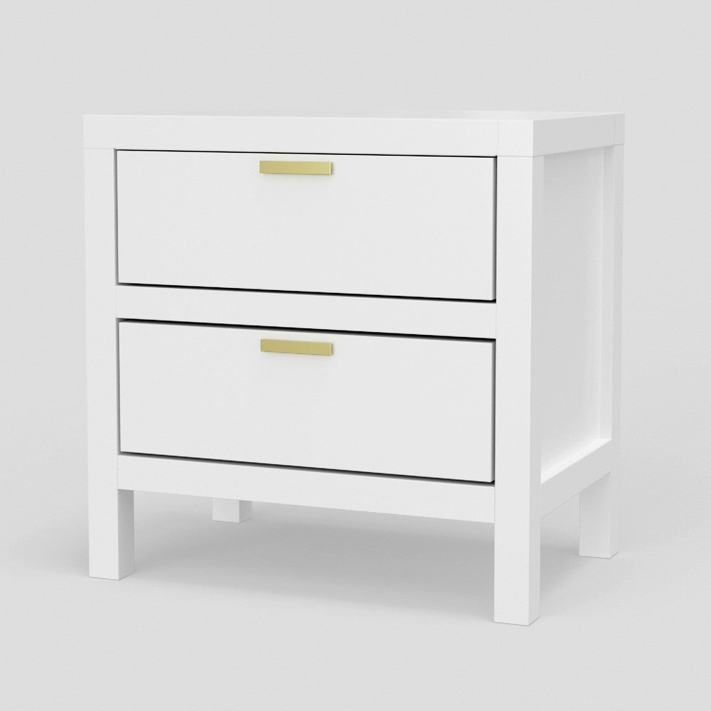 Benjara Fery Nightstand, 2 Drawers, Gold Metal Handles, White Solid Pine Wood
