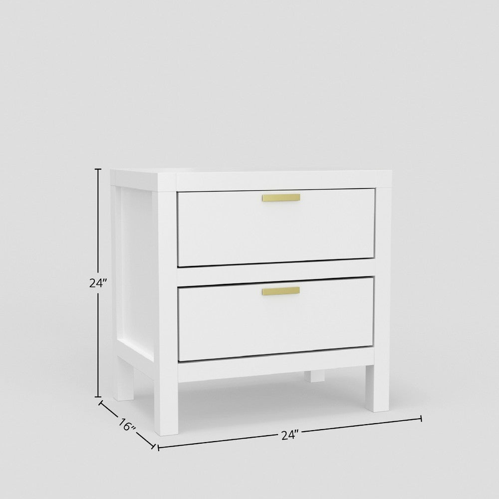 Benjara Fery Nightstand, 2 Drawers, Gold Metal Handles, White Solid Pine Wood