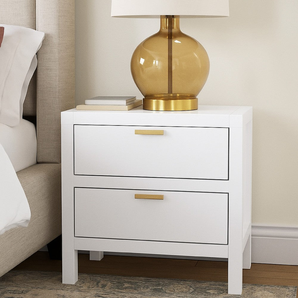 Benjara Fery Nightstand, 2 Drawers, Gold Metal Handles, White Solid Pine Wood
