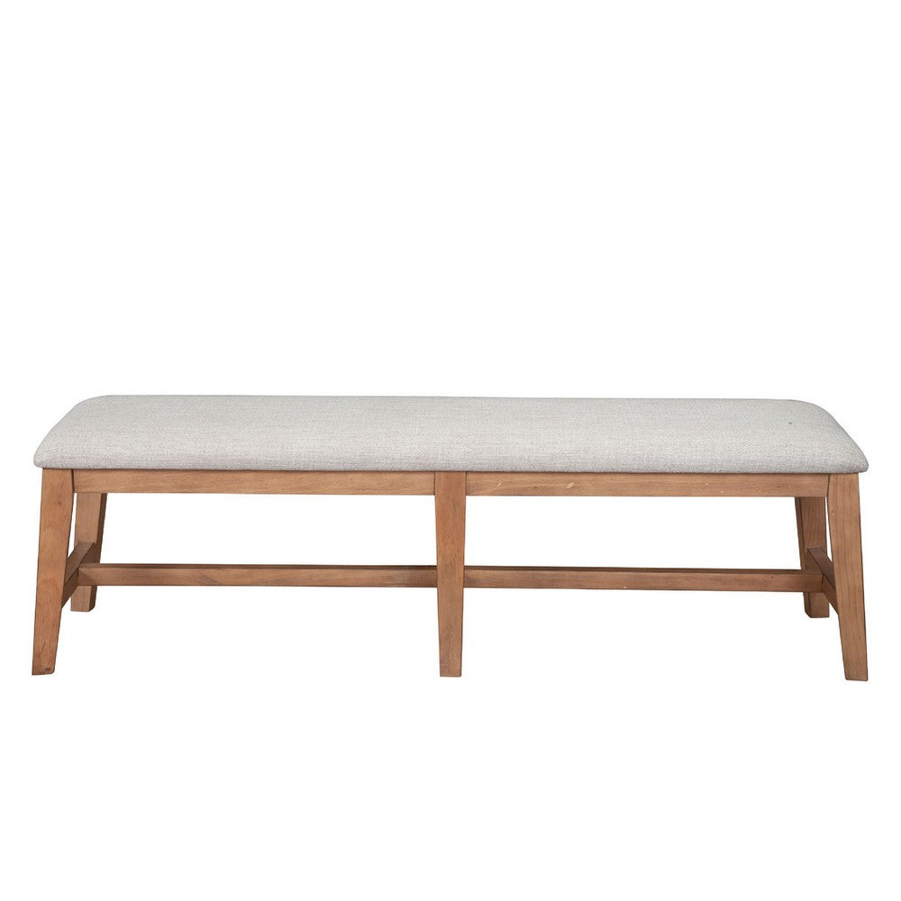 Benjara Rejo Dining Side Bench, Oatmeal Gray Cushion, Natural Brown Pine Wood