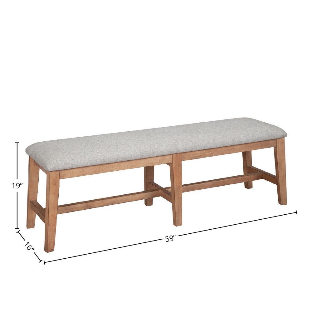 Benjara Rejo Dining Side Bench, Oatmeal Gray Cushion, Natural Brown Pine Wood
