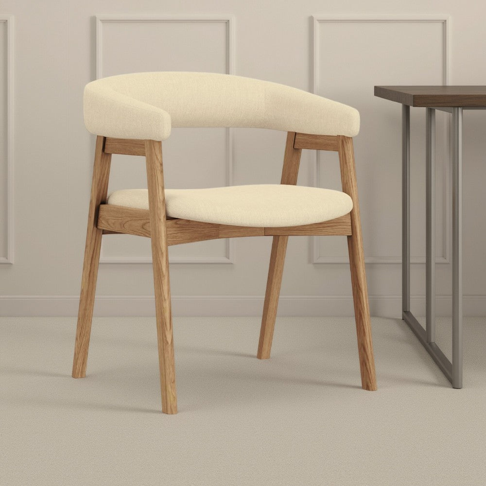 Benjara Vecy Dining Chair Set of 2, Curved Back, Gray Fabric, Brown Rubberwood
