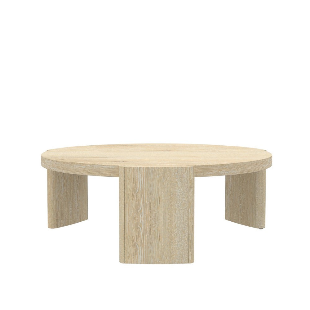 Benjara Lony Coffee Table, 42 Inch Round Top, Modern Panel Legs, Natural Brown