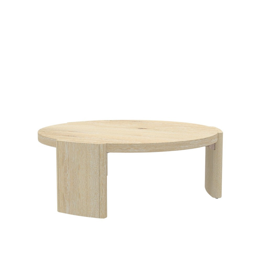 Benjara Lony Coffee Table, 42 Inch Round Top, Modern Panel Legs, Natural Brown