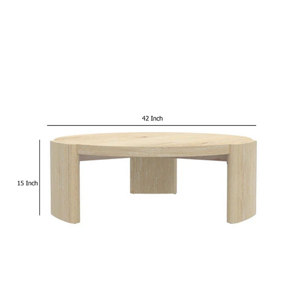 Benjara Lony Coffee Table, 42 Inch Round Top, Modern Panel Legs, Natural Brown