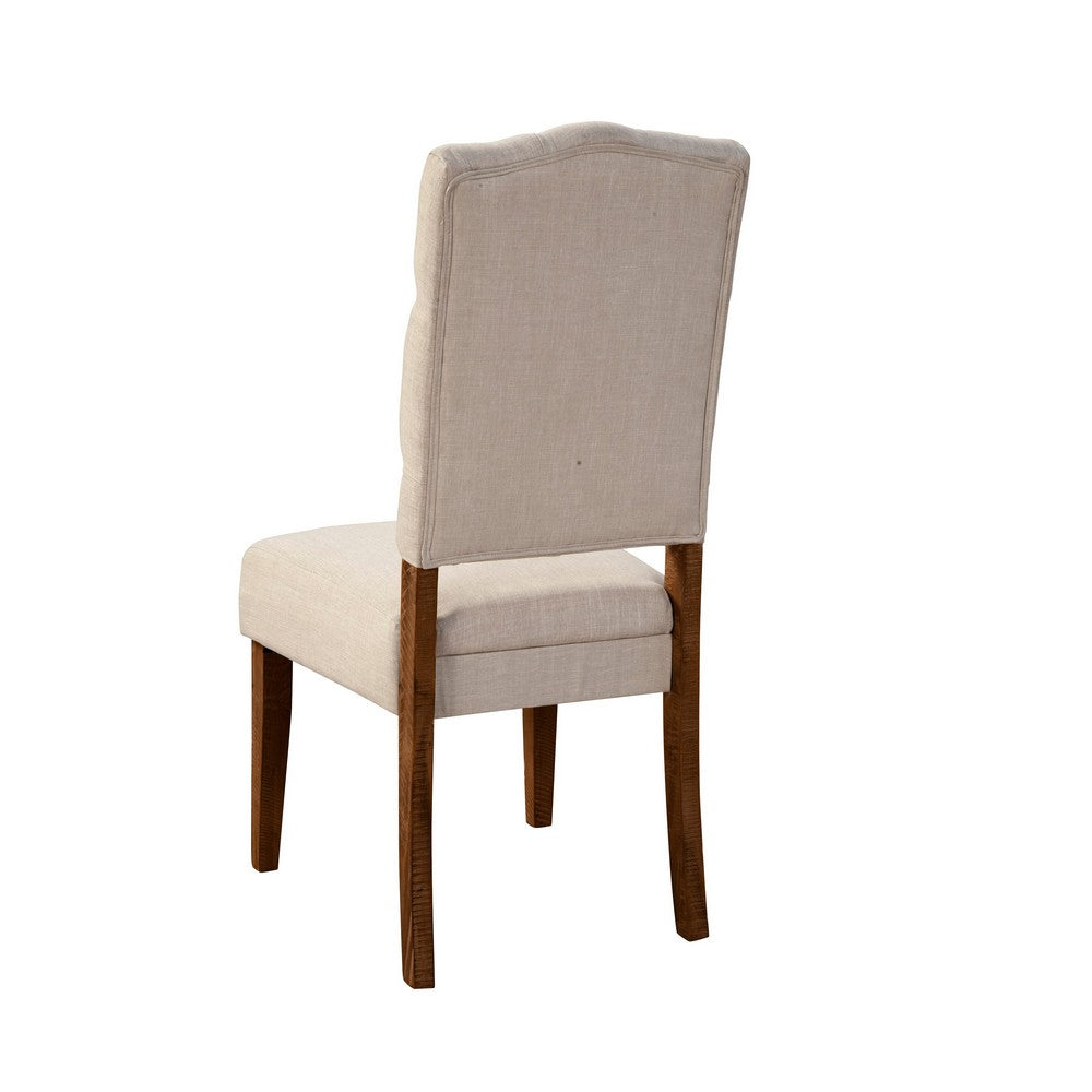Benjara Bela Dining Chair Set of 2, Tufted Beige Back, Brown Acacia Wood
