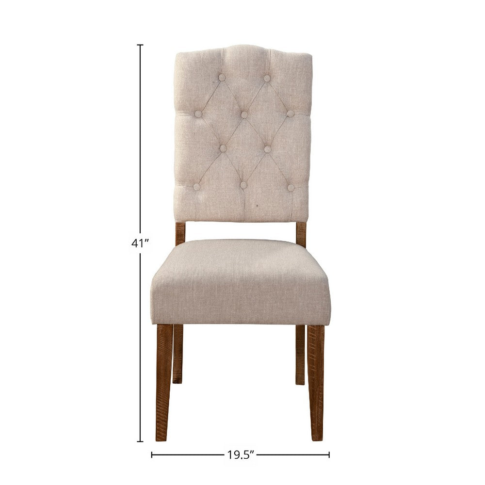 Benjara Bela Dining Chair Set of 2, Tufted Beige Back, Brown Acacia Wood