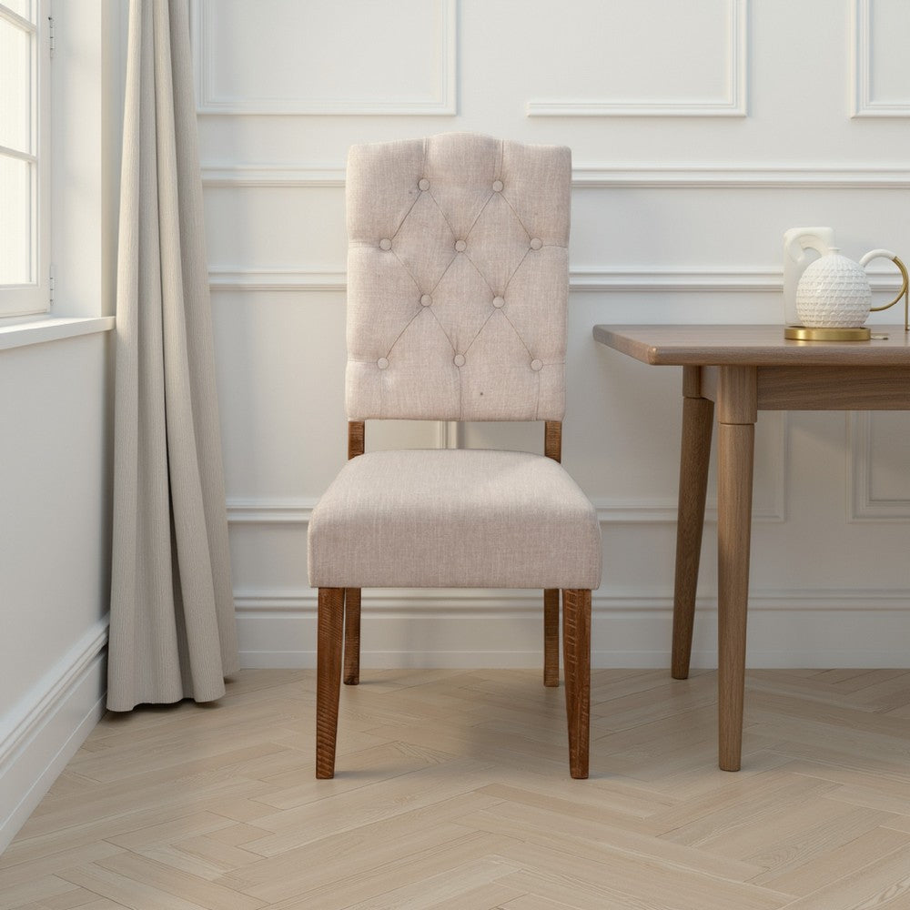 Benjara Bela Dining Chair Set of 2, Tufted Beige Back, Brown Acacia Wood