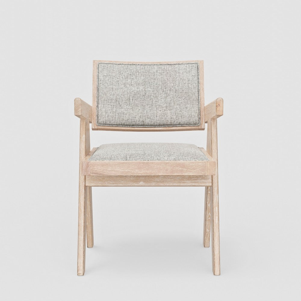 Benjara Hela Dining Armchair Set of 2, Gray Fabric, Driftwood Brown Rubberwood
