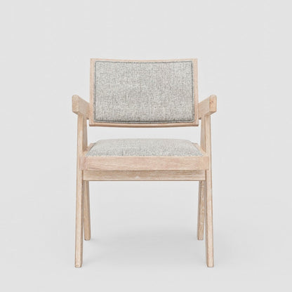 Benjara Hela Dining Armchair Set of 2, Gray Fabric, Driftwood Brown Rubberwood