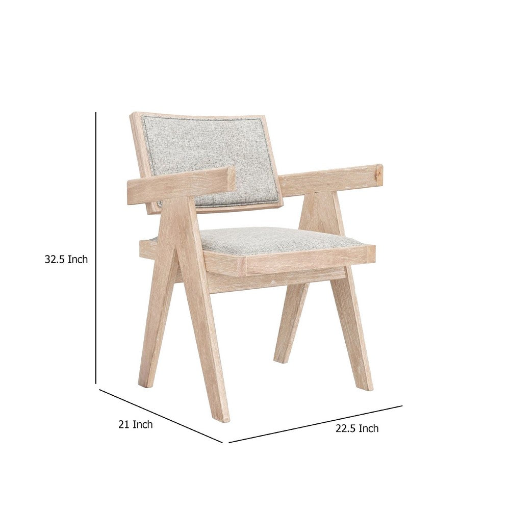 Benjara Hela Dining Armchair Set of 2, Gray Fabric, Driftwood Brown Rubberwood