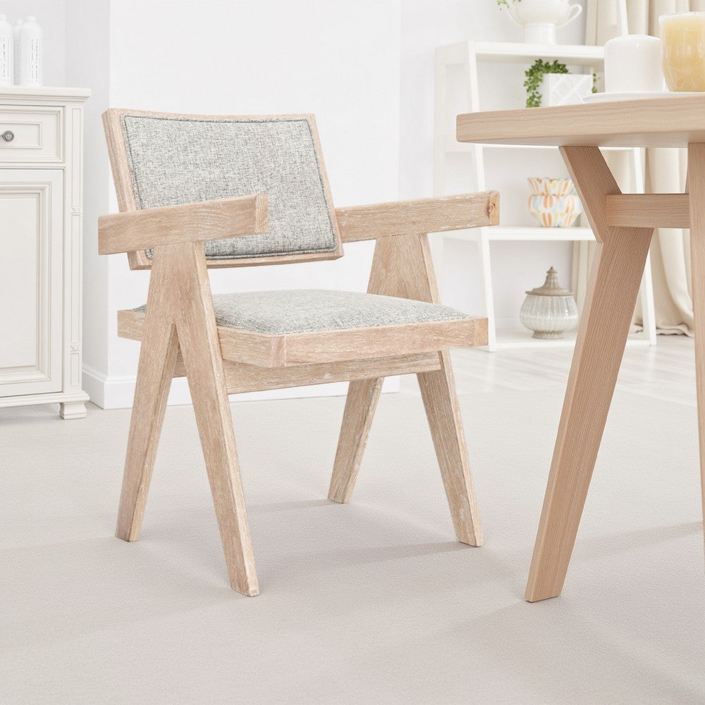 Benjara Hela Dining Armchair Set of 2, Gray Fabric, Driftwood Brown Rubberwood