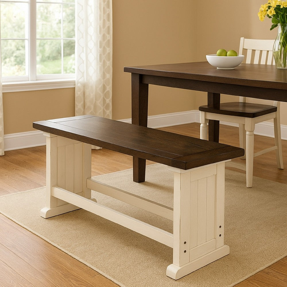 Benjara Orso Counter Height Dining Bench, Farmhouse Off White, Brown, 48 Inch