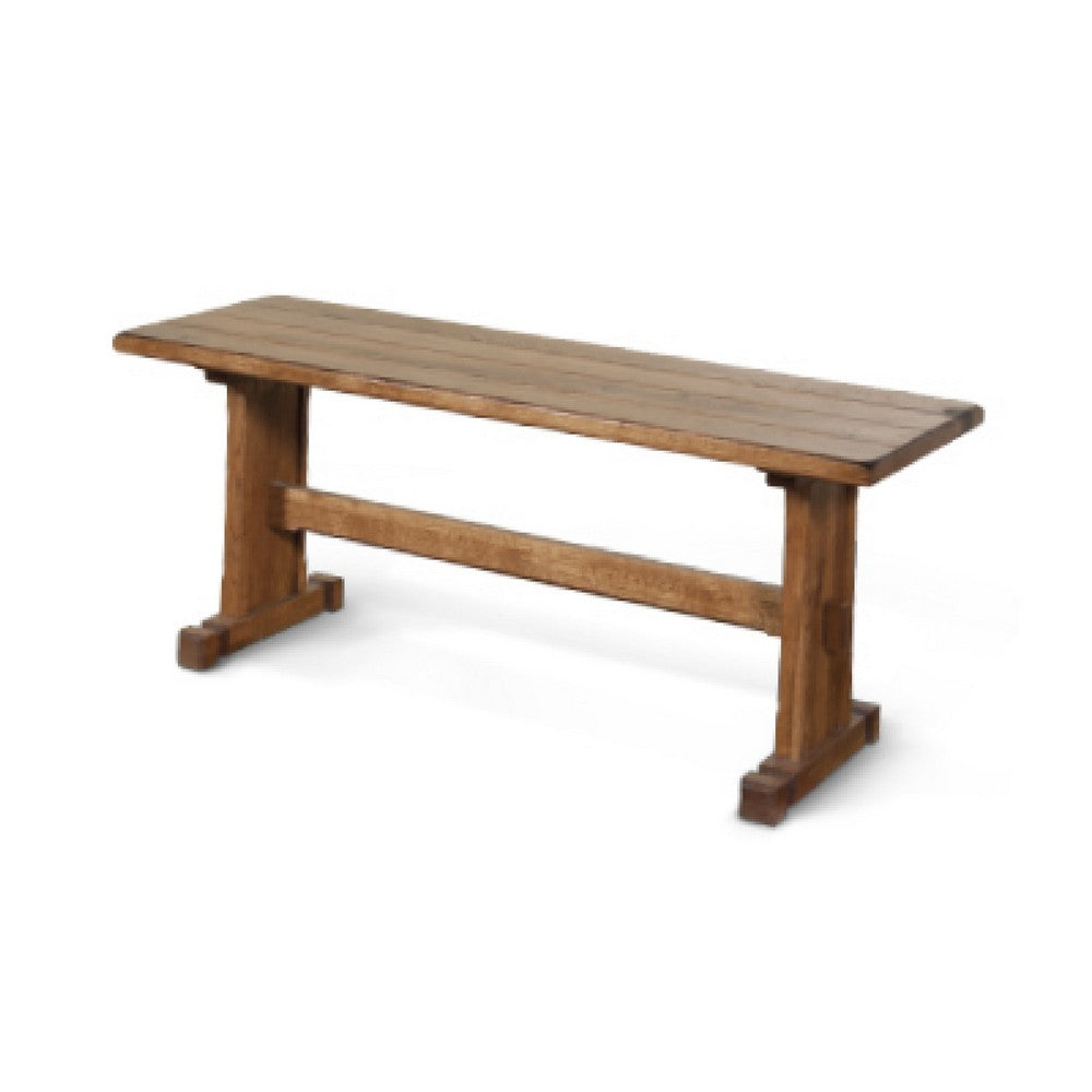 Benjara Marv Dining Bench, Trestle Base, Light Brown Mindi Wood 46 Inch