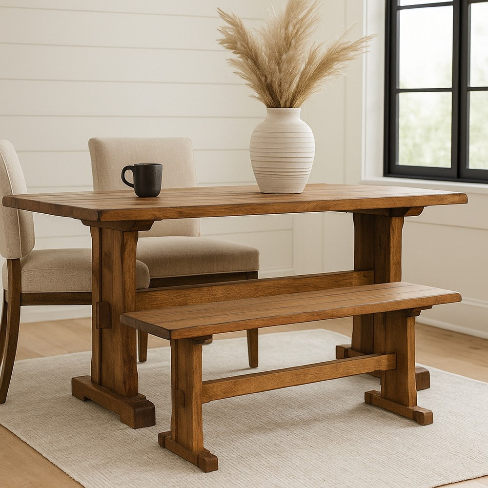 Benjara Marv Dining Bench, Trestle Base, Light Brown Mindi Wood 46 Inch