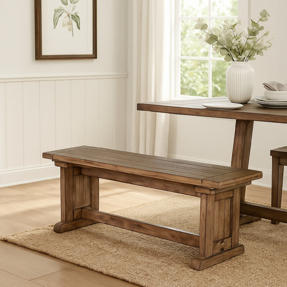 Benjara Yael Side Dining Bench, Plank Seat, Light Brown Mahogany Wood 48 Inch