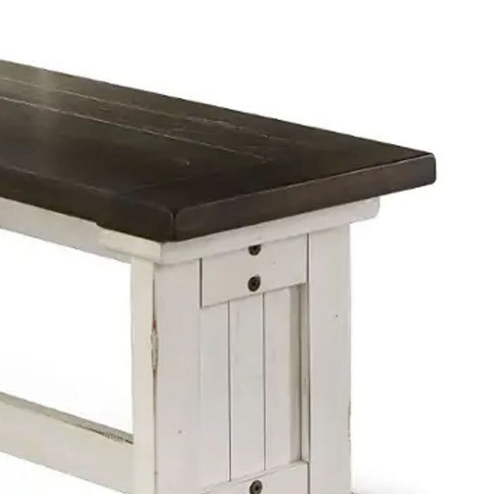Benjara Orso Side Dining Bench, Plank Seat, Off White And Brown Wood 48 Inch