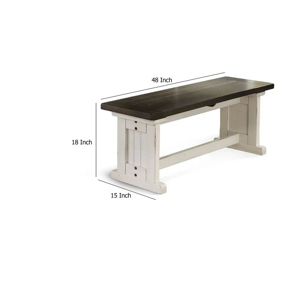 Benjara Orso Side Dining Bench, Plank Seat, Off White And Brown Wood 48 Inch
