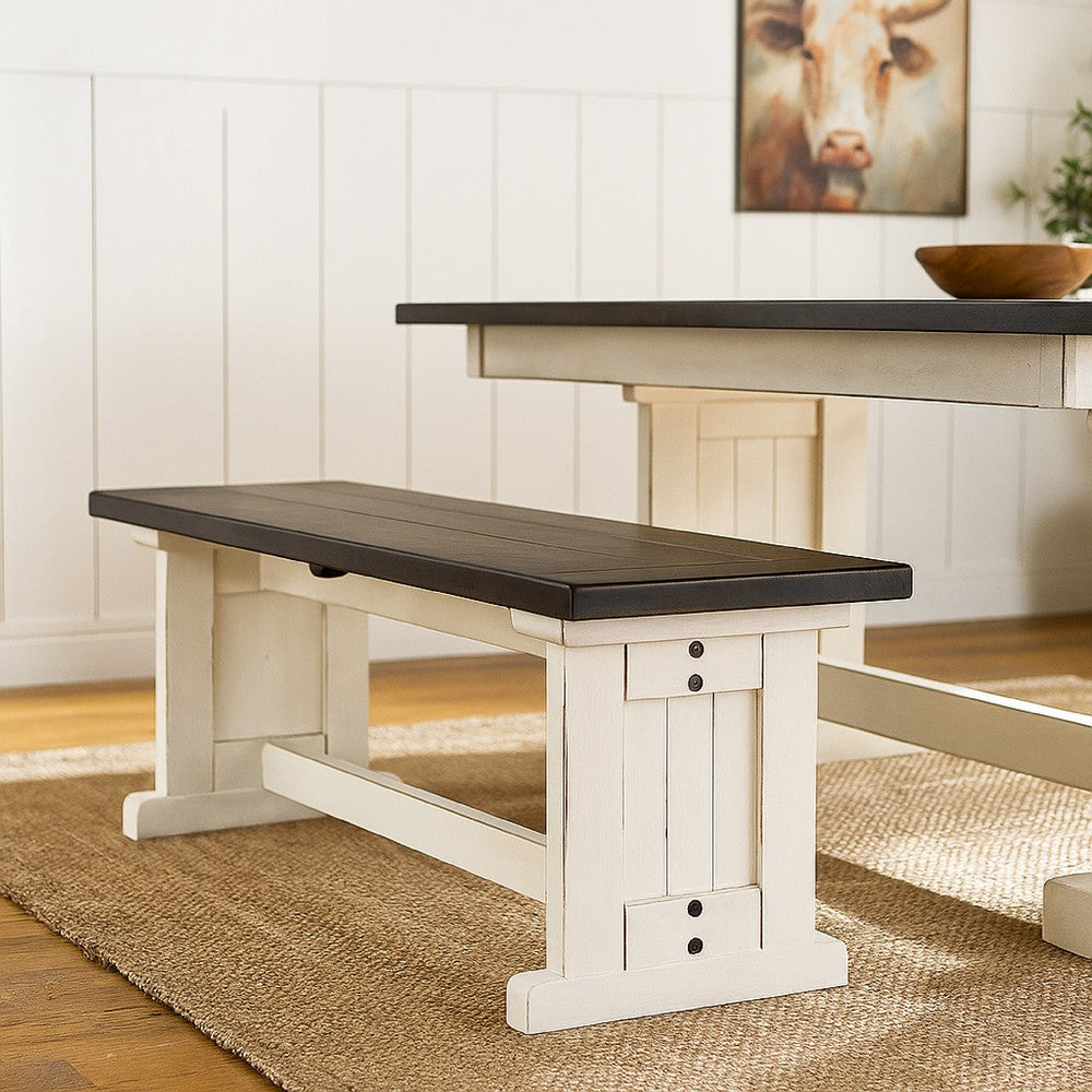 Benjara Orso Side Dining Bench, Plank Seat, Off White And Brown Wood 48 Inch