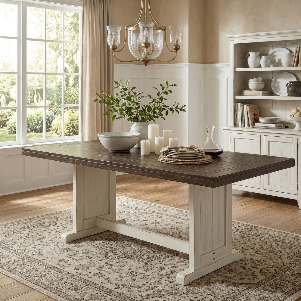 Benjara Orso Dining Table, 60 Inch Rectangular Plank Top, Off White And Brown