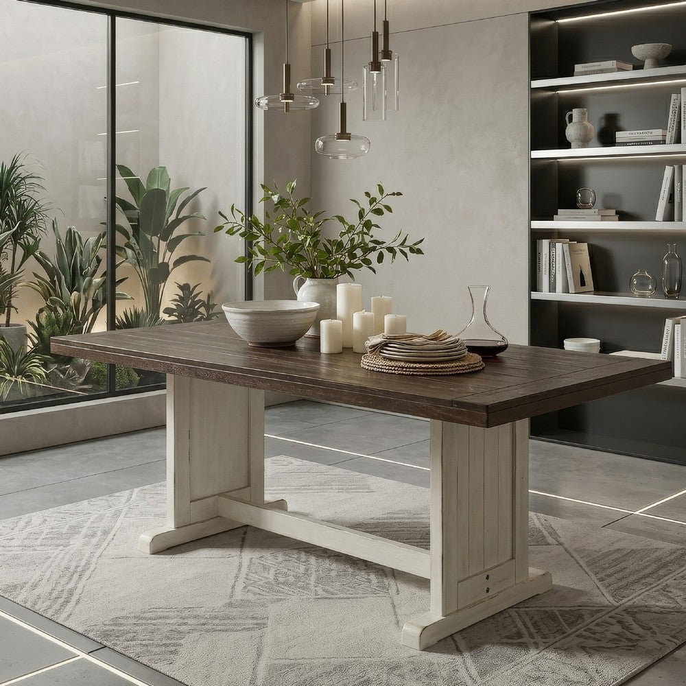Benjara Orso Dining Table, 60 Inch Rectangular Plank Top, Off White And Brown