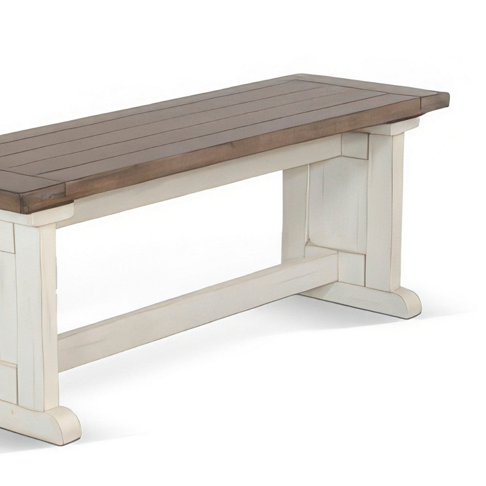 Benjara Dean Side Dining Bench, Plank Style Seat, Off White And Brown 48 Inch