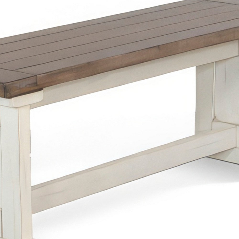 Benjara Dean Side Dining Bench, Plank Style Seat, Off White And Brown 48 Inch
