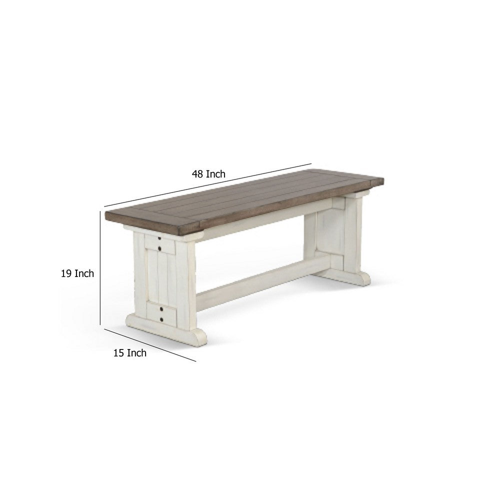 Benjara Dean Side Dining Bench, Plank Style Seat, Off White And Brown 48 Inch