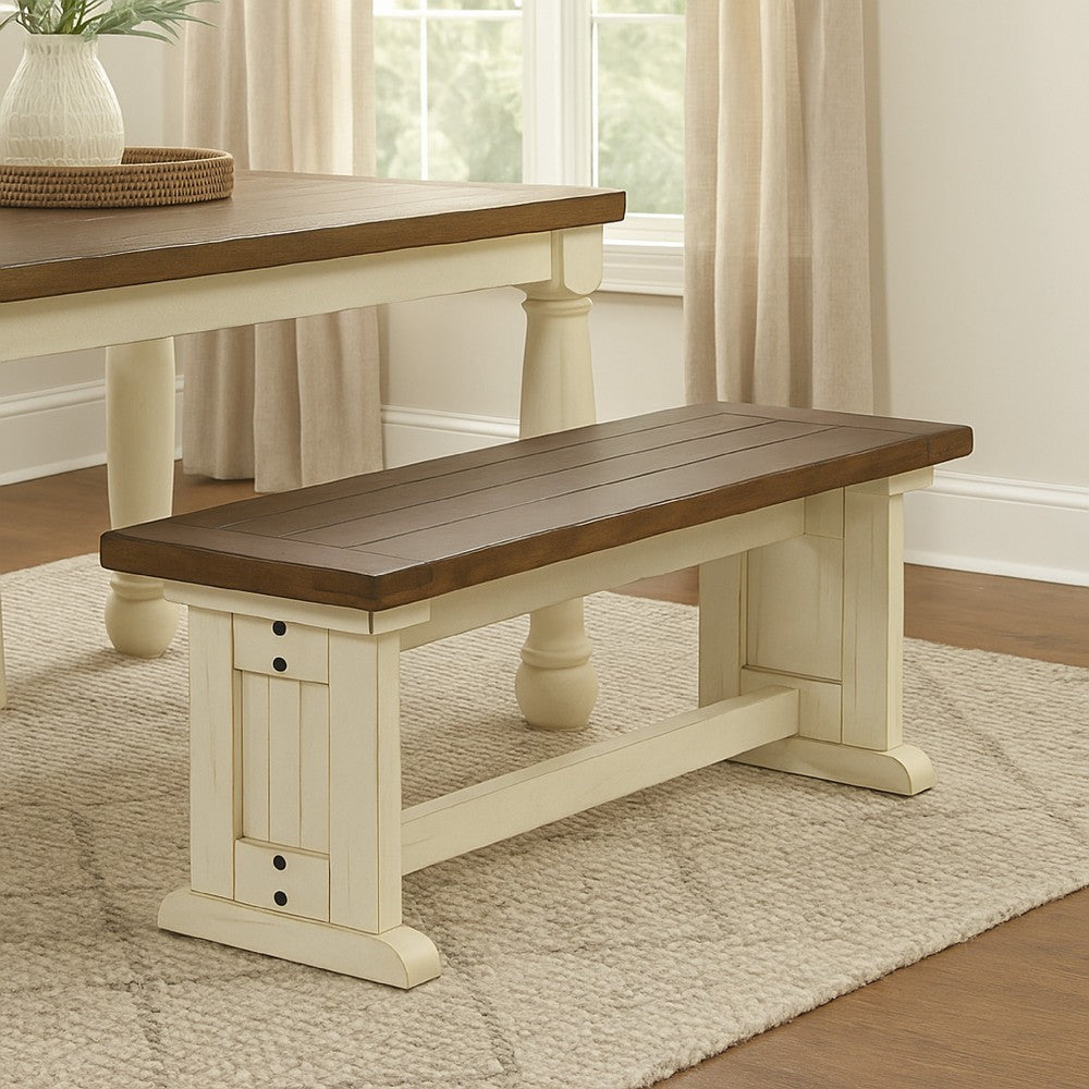 Benjara Dean Side Dining Bench, Plank Style Seat, Off White And Brown 48 Inch