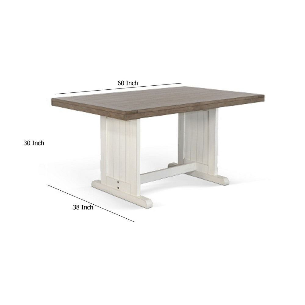 Benjara Dean Dining Table, 60 Inch Rectangular Plank Top, Off White And Brown