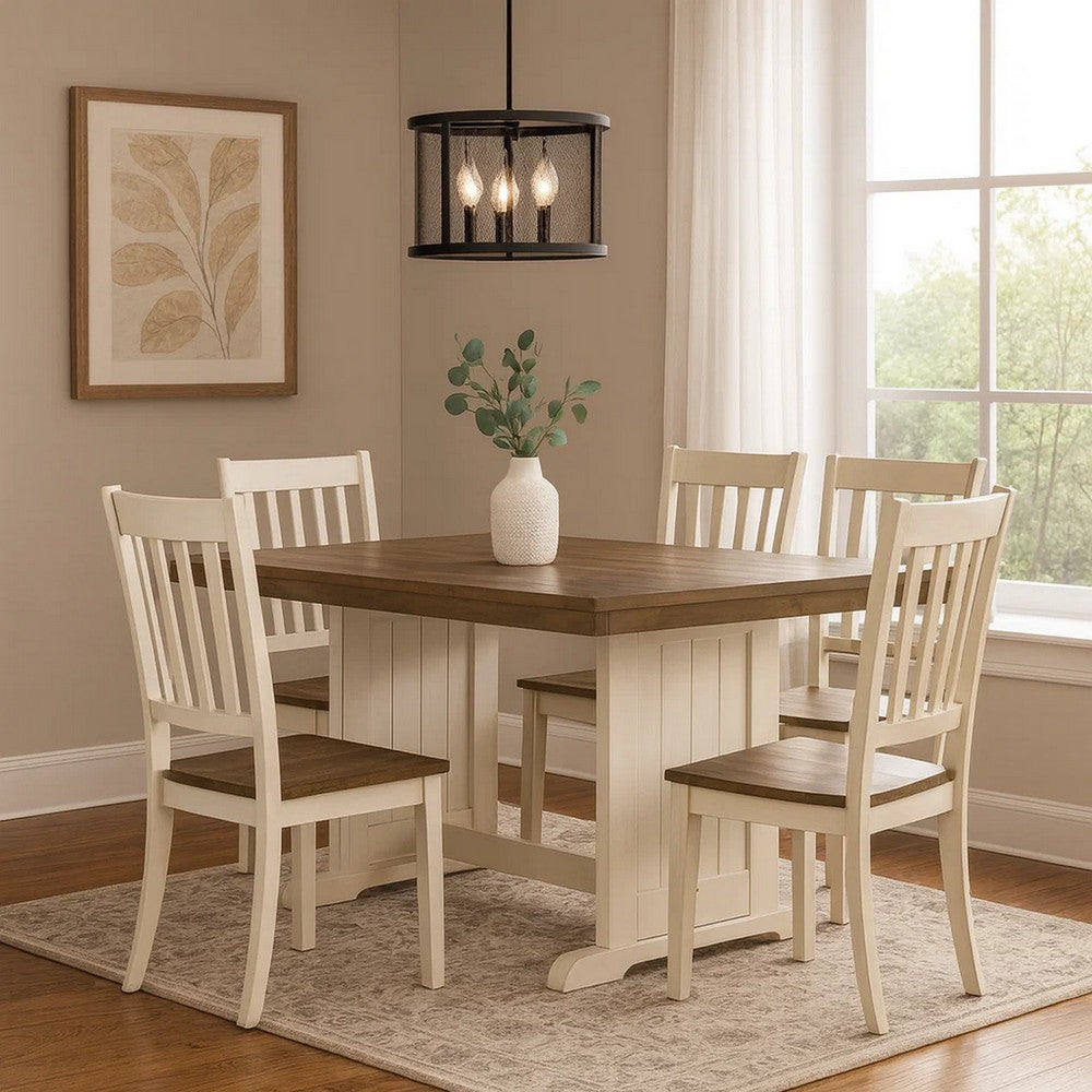 Benjara Dean Dining Table, 60 Inch Rectangular Plank Top, Off White And Brown