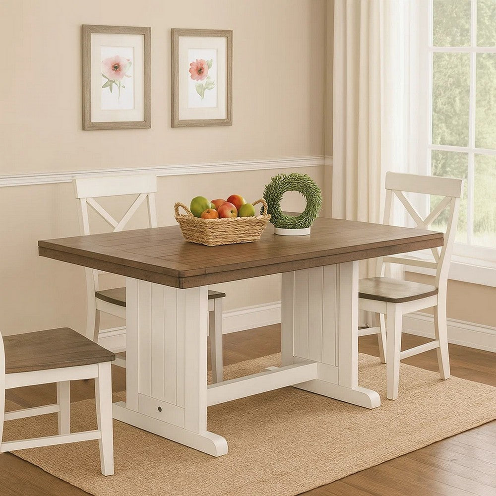 Benjara Dean Dining Table, 60 Inch Rectangular Plank Top, Off White And Brown