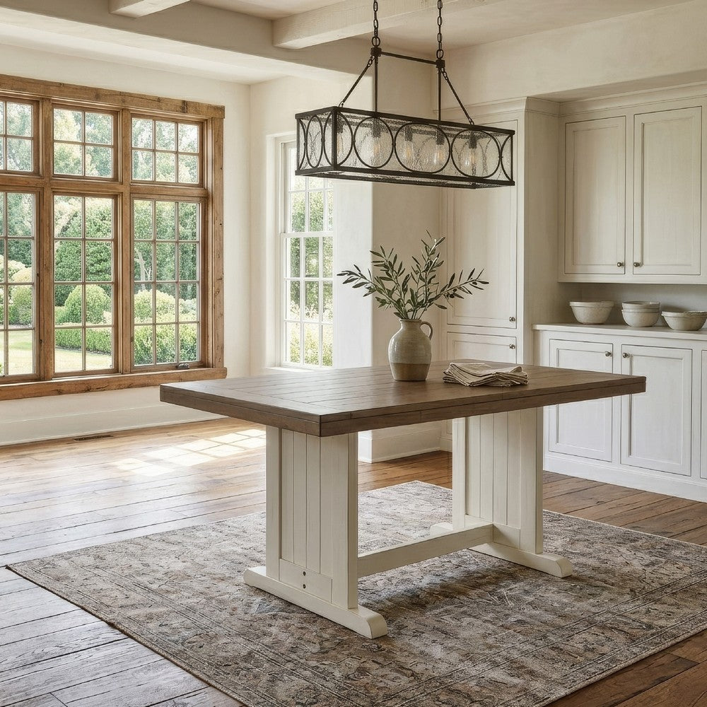Benjara Dean Dining Table, 60 Inch Rectangular Plank Top, Off White And Brown