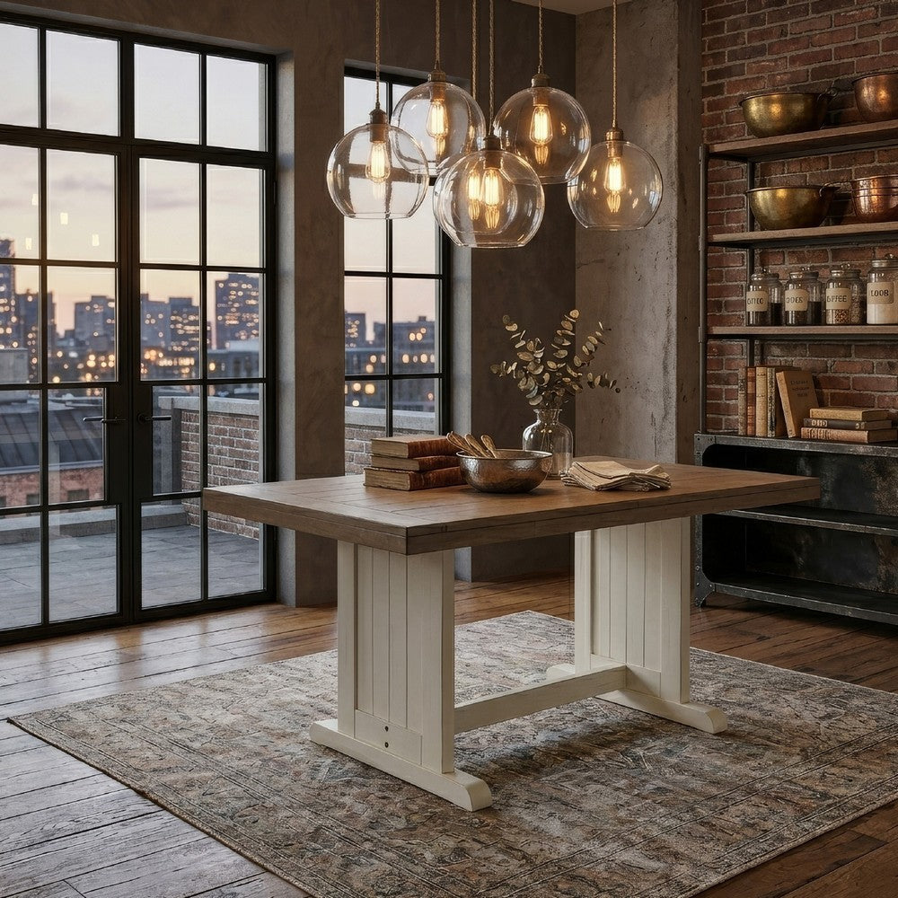 Benjara Dean Dining Table, 60 Inch Rectangular Plank Top, Off White And Brown