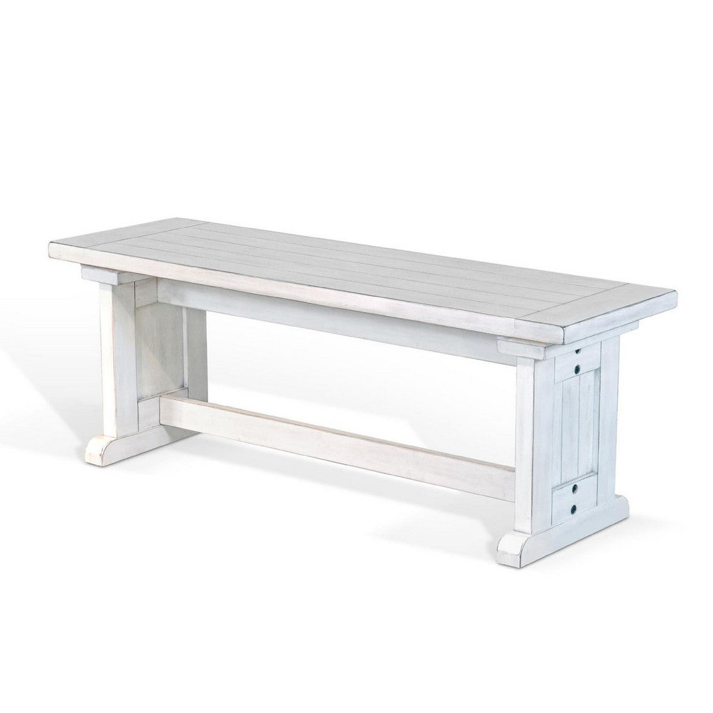 Benjara Sime Side Dining Bench, Plank Style, Off White Mahogany Wood 48 Inch