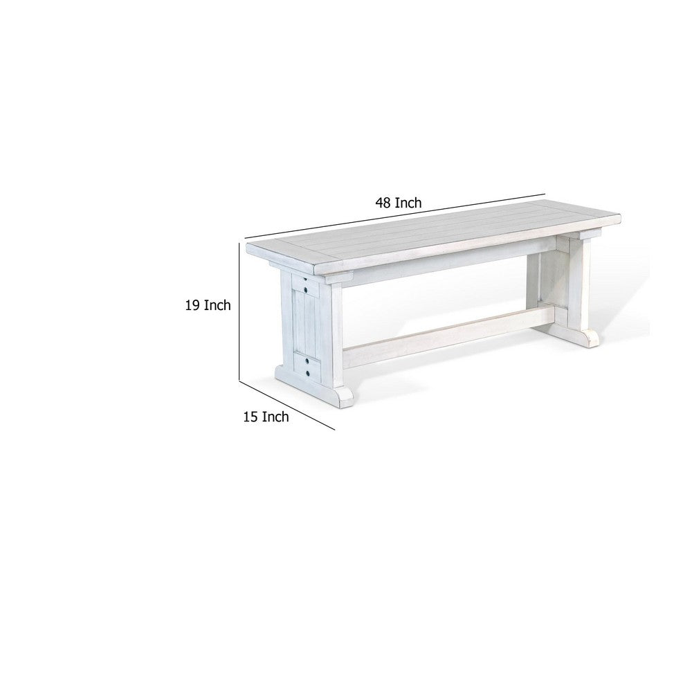 Benjara Sime Side Dining Bench, Plank Style, Off White Mahogany Wood 48 Inch