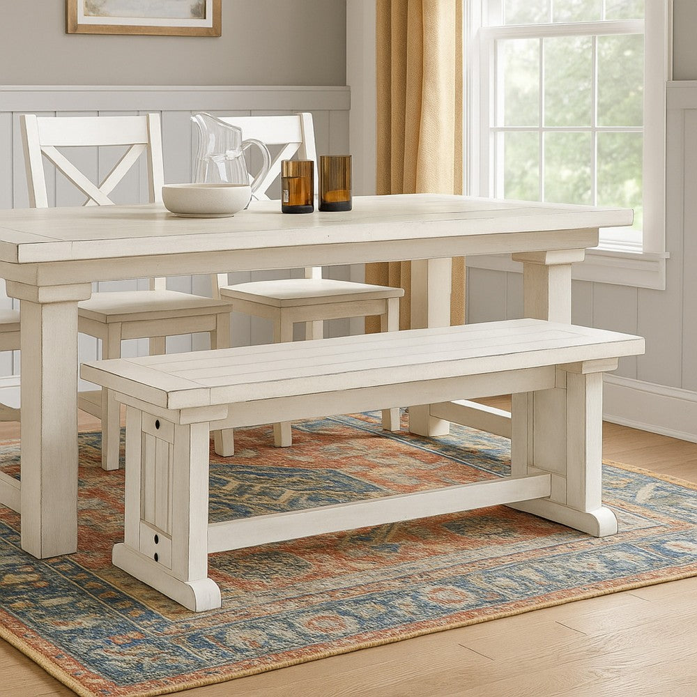 Benjara Sime Side Dining Bench, Plank Style, Off White Mahogany Wood 48 Inch