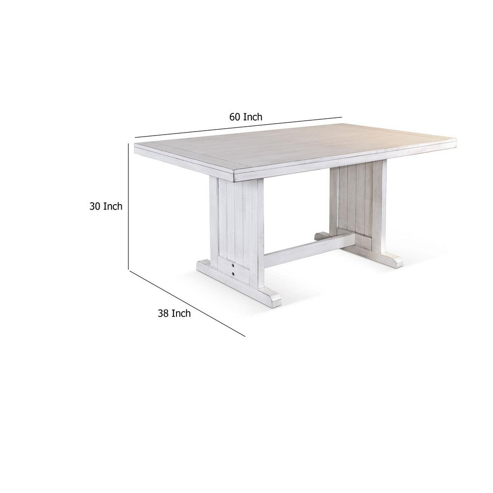 Benjara Sime Dining Table, 60 Inch Rectangular Plank Top, Off White Wood