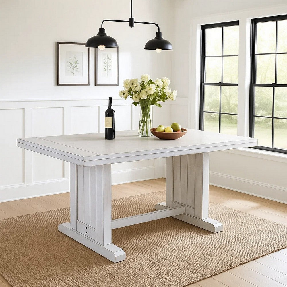 Benjara Sime Dining Table, 60 Inch Rectangular Plank Top, Off White Wood