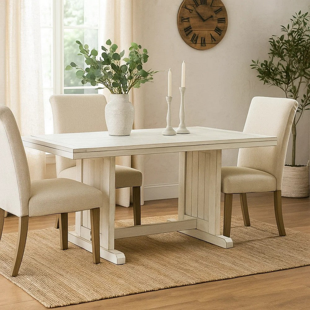 Benjara Sime Dining Table, 60 Inch Rectangular Plank Top, Off White Wood